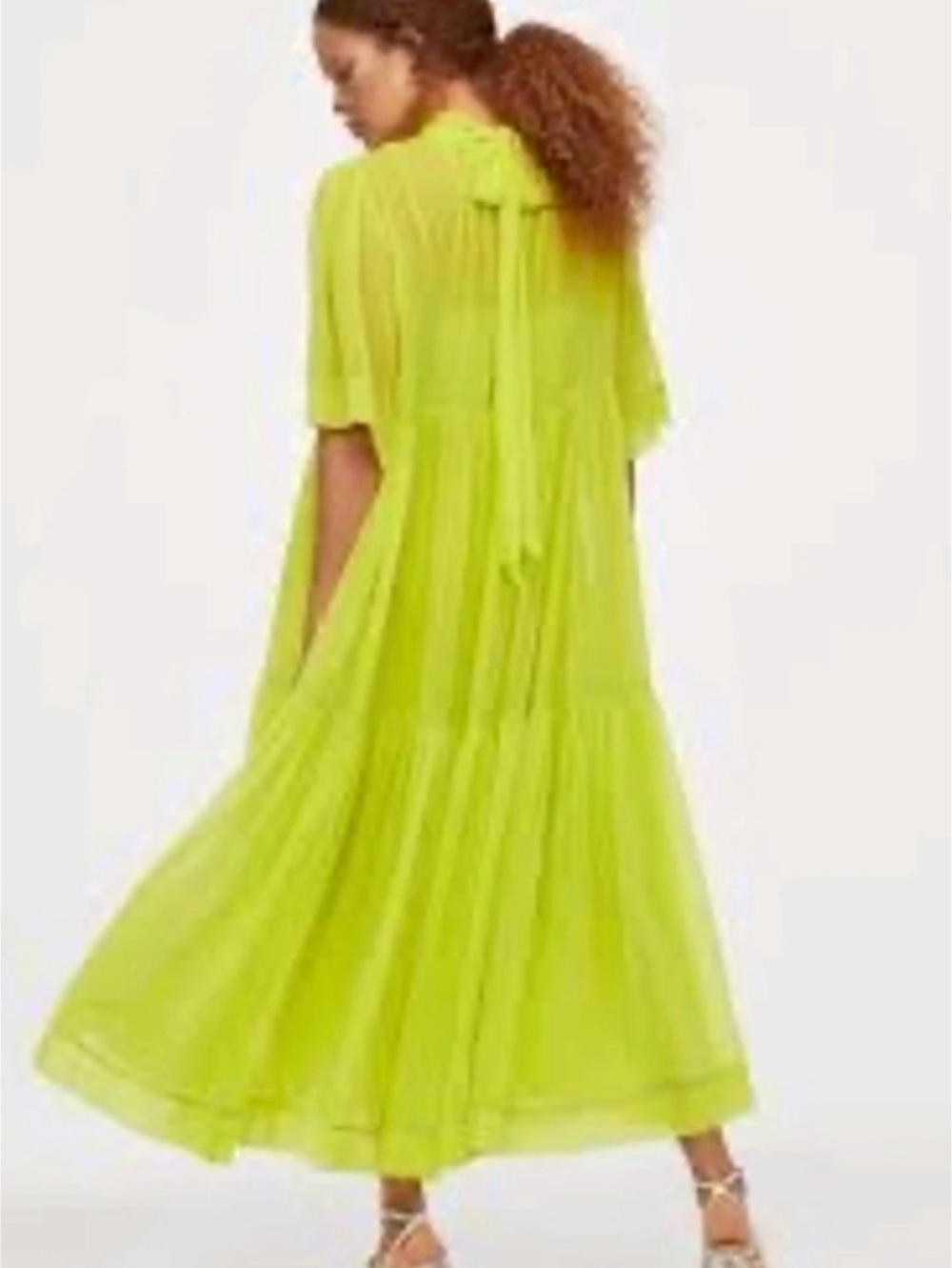 H&M Neon Lime Green Sheer Tiered Maxi Dress w/ Slip Size L - Picture 4 of 9